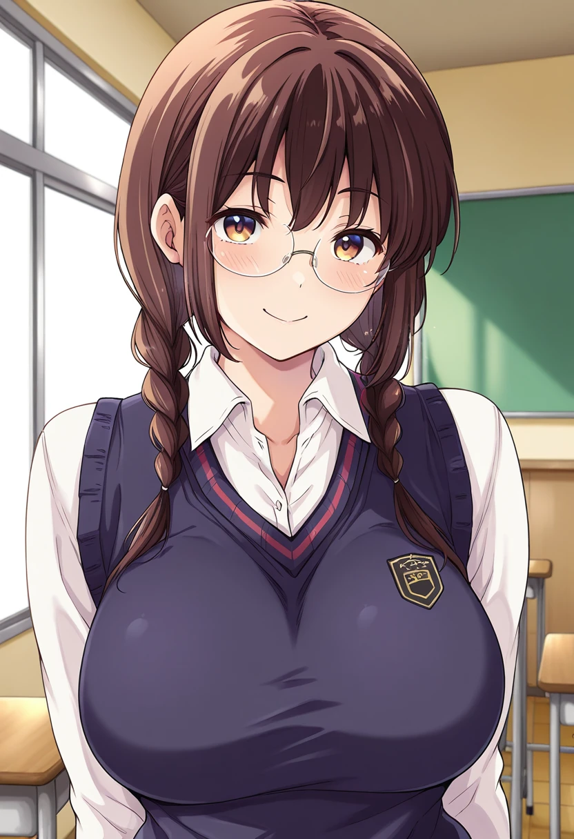a young woman, small face, small eyes, Brown eyes, very young appearance round glasses, long braids, BROWN SKIN, huge breasts, big butt, Skinny body, some freckles, innocent girl, innocent smile, blushing, looking up, nerd, posing sexually, a small, very tight white dress shirt, micro skirt, long black tights, small legs, tight clothes, in an empty school, sitting at a desk, coquette, front view,