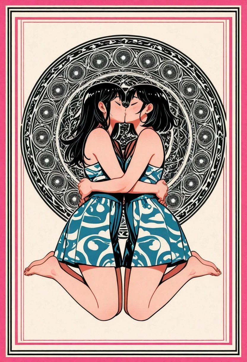 Two girls kissing, dynamic pose, feet up, hugging
room, inspired by Japanese pop art.
jpopstyl3