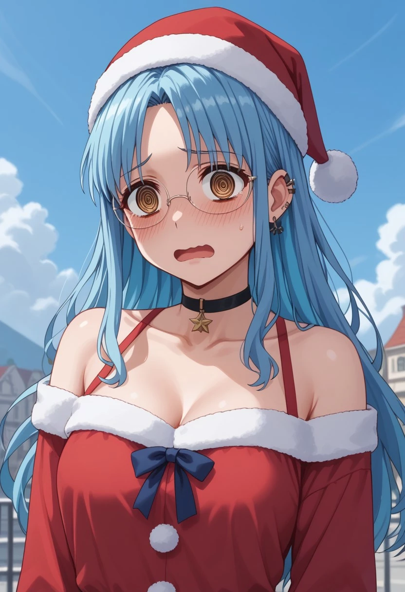 1人の女性、Blue hair(Curta)、Top quality rimless glassy brown eyelids、ultra-detailliert、8K resolution、Raw photo、masutepiece、gorgeous faces、Perfect body、A smile、santa claus