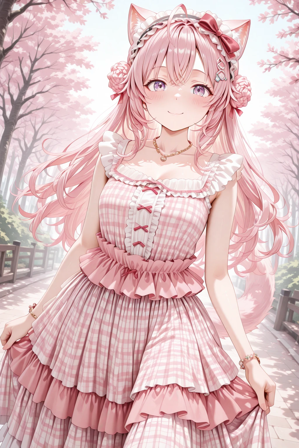 masterpiece, best quality, amazing quality, 1girl, solo, makeup, general, looking at viewer, blush, highres, upper body, dutch angle, outdoors, smile, cherry blossoms, <lora:Hololive_Koyorin:0.8>, Hololive_Koyorin, long hair, animal ears, pink hair, purple eyes, antenna hair, ahoge, hexagon hair ornament, hair between eyes, tail, breasts, pink nails, braid, double bun, braided bun, <lora:Showaretro_sweetgirl_cakedress:1>, Showaretro_sweetgirl_cakedress, dress, plaid, hair ornament, jewelry, necklace, frills, bow, bracelet, hair bow, shoes, sleeveless, frilled dress, (layered skirt:1.2), (ribbon hairband:1.1), ((plaid long dress, long dress)), white pantyhose, <lora:wai-2Rectified-V140:1>, <lora:illustrious_noobai_epsilon_pred_1_masterpieces_v1:1>