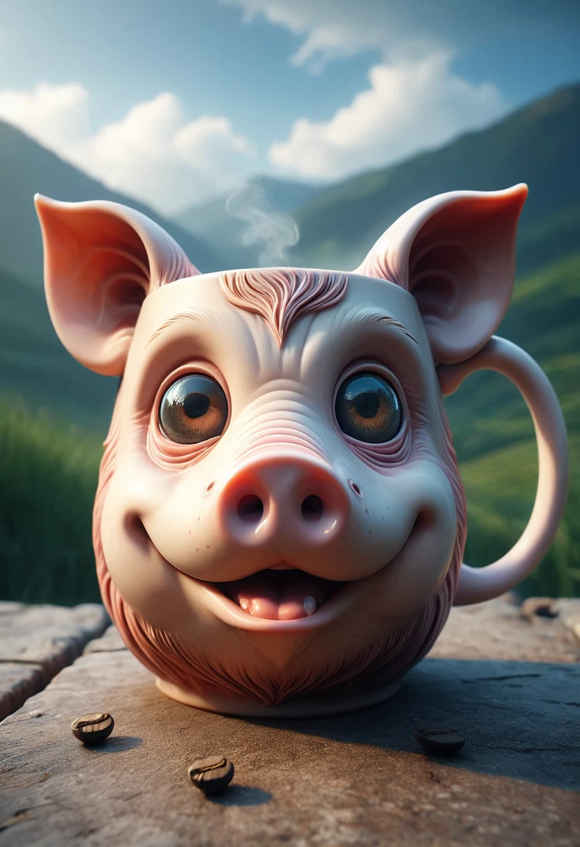 A pig as a coffeemug in mobe-ancofmu style, in a landscape background, masterpiece, absurdres, dynamic angle, highly detailed, <lora:AnthropomorphicCoffeeMugV1:0.95>,