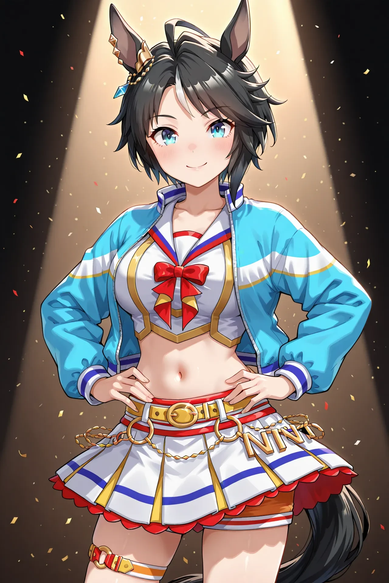 fuji kiseki \(umamusume\),large breasts,short hair,two-tone hair,white hair,horse tail,blue eyes,brown hair,hair between eyes,horse ears,multicolored hair,ahoge,horse girl,tail,bangs,animal ears,streaked hair,green eyes,blue hair,black hair,,
run&win,
official alternate costume,cheerleader,ponytail,long sleeves,crop top,white shirt,sailor collar,midriff,navel,blue jacket,open jacket,belt,layered skirt,pleated skirt,white skirt,miniskirt,thigh strap,shorts under skirt,short shorts,orange shorts,white socks,red footwear,sneakers,shoes,<lora:RUNWIN:0.8>,, 1girl,solo,smile,looking at viewer,cowboy shot,pose,spotlight,