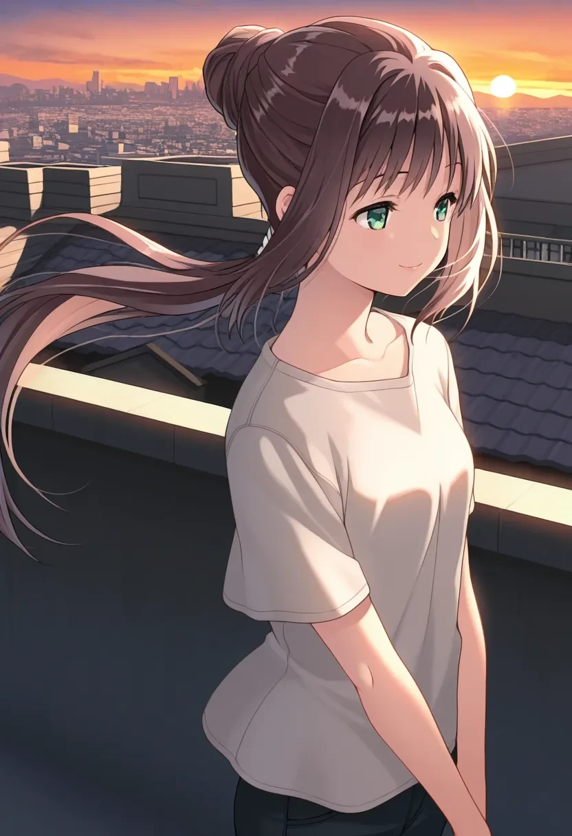 masterpiece,best quality,amazing quality,
1girl, solo,
Nanase Ren, long hair, brown hair, ponytail, hair bun, green eyes,
rooftop, sunset, cityscape, quiet moment, wind blowing, contemplative, smile, standing, cowboy shot, dutch angle