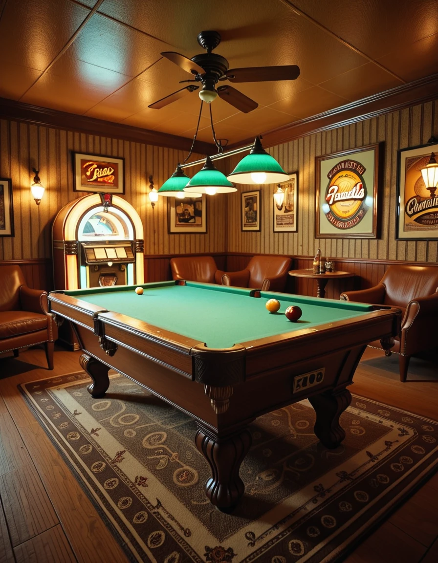 Interior of a vintage 1970s pool room with no people present, wood-paneled walls and shag carpet in earthy tones, overhead pendant lights with green glass shades casting a warm glow over a classic felt-covered pool table, retro wallpaper with geometric patterns, a jukebox in the corner flashing colorful lights, ashtrays on side tables beside leather armchairs, cues neatly arranged on a wooden rack, ceiling fan slowly turning above, and vintage beer advertisements framed on the wallsâeverything evokes a nostalgic, slightly smoky atmosphere frozen in time, rich with the charm and character of a bygone era,1970s pool r00m, <lora:1970s_pool_r00m-i:1>, Masterpiece,best quality,hi res,8k,hi res,8k,award winning,(sharp focus, intricate, highly detailed),