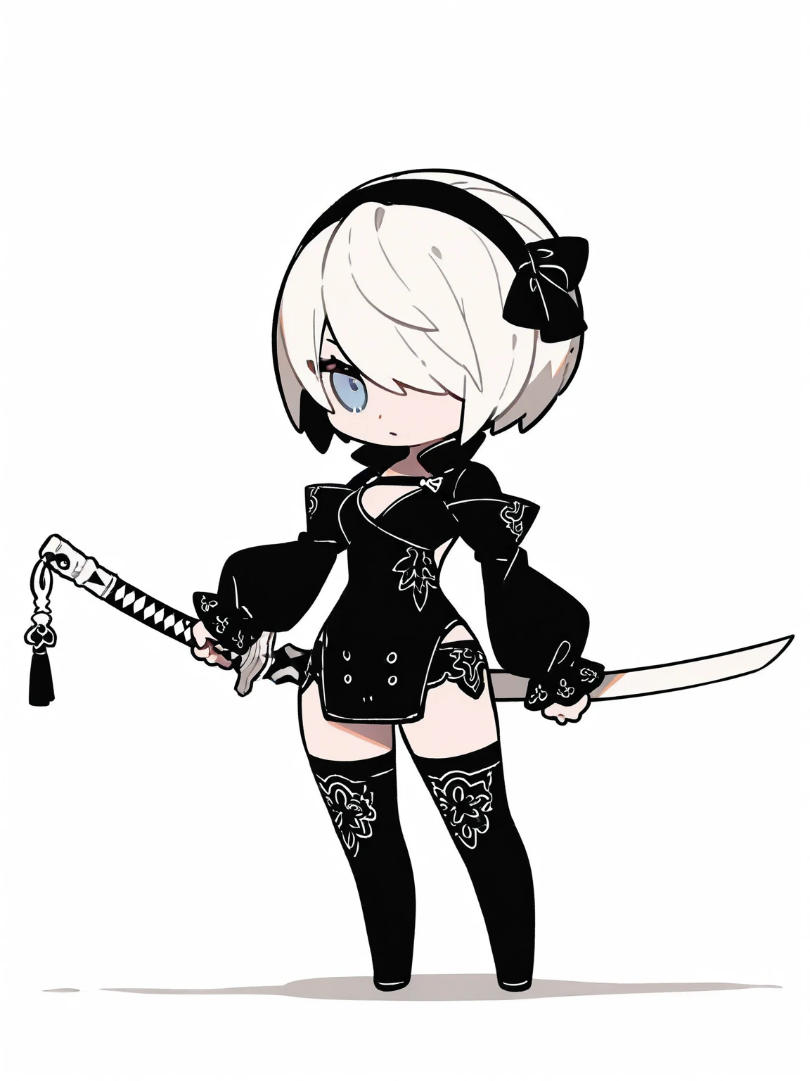 <lora:Nier_Rein2B-IL:0.8> 1girl, solo, chibi, full body, white background, nier2Bdivergent, hairband, white hair, short hair, hair over one eye, blue eyes, puffy sleeves, clothing cutout, short dress, black thighhighs, katana, reverse grip, masterpiece, best quality, detailed, highres, newest, recent, very awa, very as2
