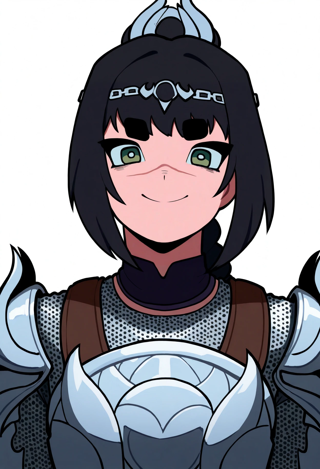 best quality, amazing quality, very aesthetic, absurdres,
1girl, shadowheart, black hair, braided ponytail, green eyes, scar on face, circlet, armor,
solo,
smile, looking at viewer, upper body, simple background, white background <lora:ShadowHeartIllustrious_byKonan:0.8> , <lora:RyuwanshoyNoob_byKonan:1>