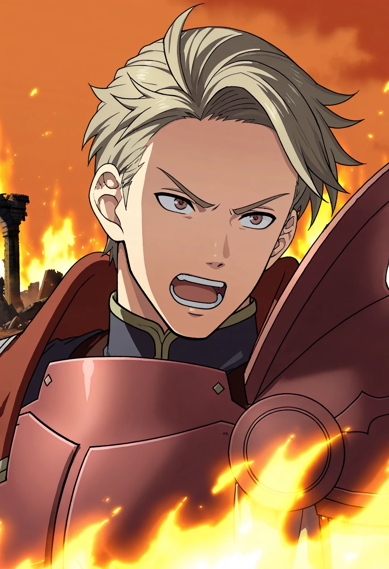 score_9, score_8_up, score_7_up, source_anime, official artstyle, anime screencap, highly detailed,1boy, solo, male focus, perfect composition, good shading, masterpiece, masterwork, best quality, absurdres, hyper-detailed, 8k uhd:1.2, amazing quality, very aesthetic, high resolution, ultra-detailed, newest, official art, 1boy, solo, male focus, outdoors, battlefield, fire, ruins, shouting, red armor,randolph,beige hair,brown eyes