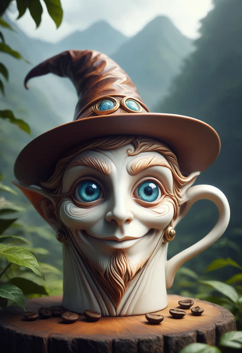 A mage hat as a coffee cup in mobe-ancofmu style, anthropomorph, in a natur background, masterpiece, absurdres, dynamic angle, highly detailed, <lora:AnthropomorphicCoffeeMugV1:0.85>,