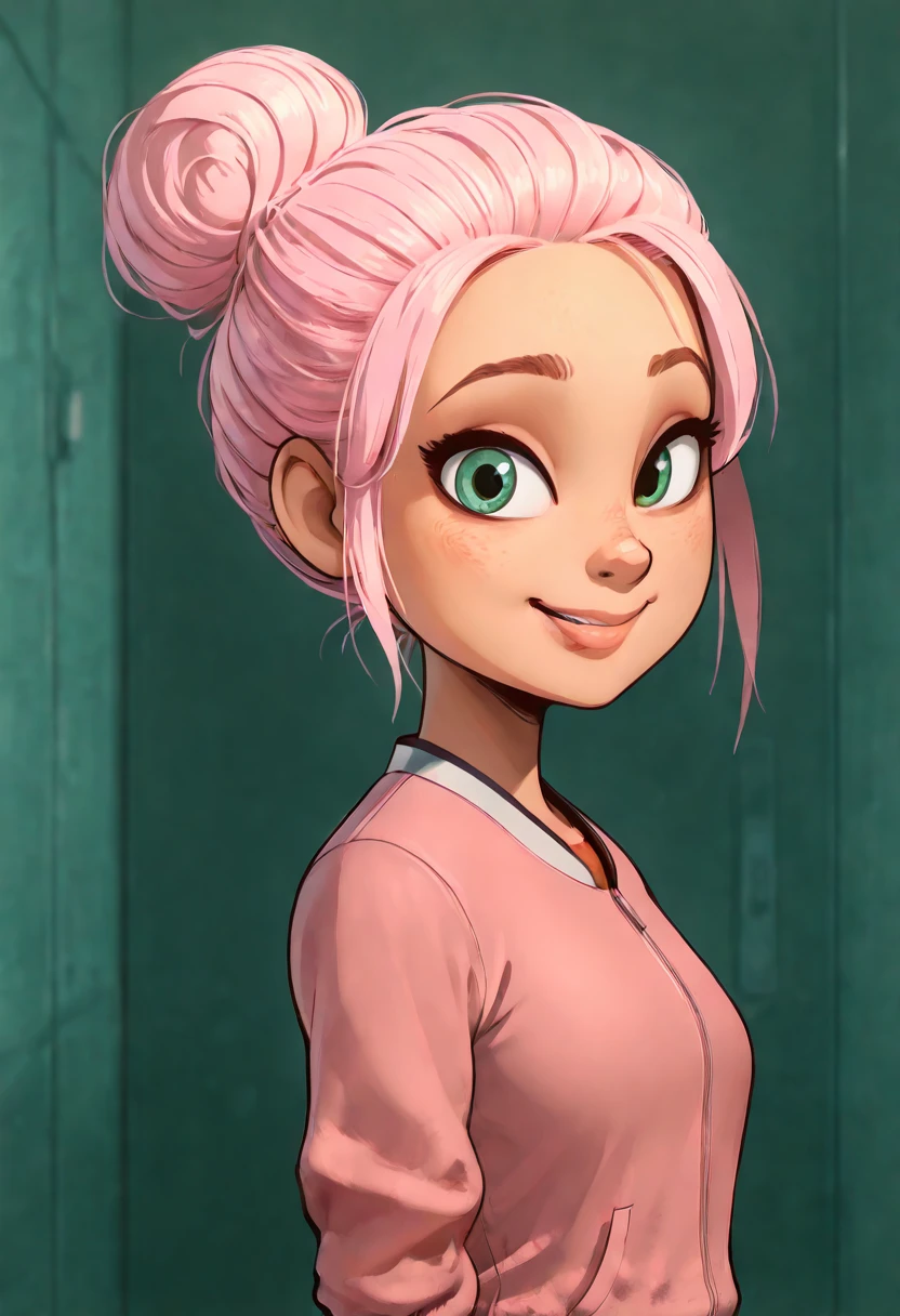 masterpiece, best quality, solo, curvy, beautiful eyes, narrow waist, wide hips, 1girl, solo, smile, looking at viewer, foreshortening, close up, zzBrooklynn, green eyes, hair bun, pink hair, short hair, single hair bun, ,<lora:BrooklynnJurassicPark_IXL:1.0>, , smile, looking at viewer, side view, upper body, <lora:DiivesIXL:1.0>,
