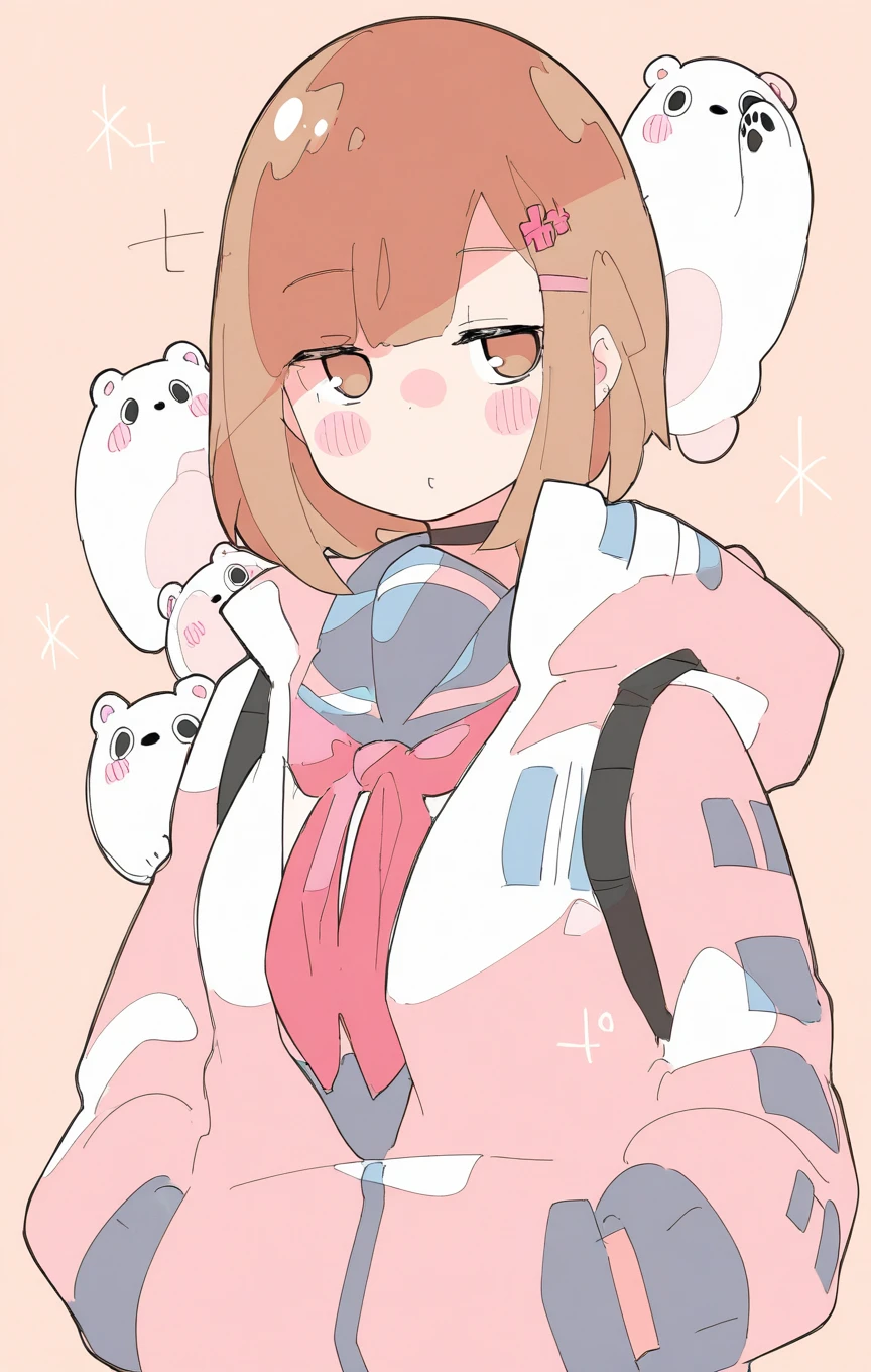 sexy_perspective, (masterpiece), (best quality), (ultra-detailed), amazing quality, very aesthetic, illustration, perfect composition, intricate details, absurdres, incredibly absurdres, shiny skin, realistic, shiny hair, clear skin, ultra-detailed-eyes, simple background, cute, eyelashes, greatscore, pretty, extreme perspective, dynamic angle, dynamic pose, HaruHime_ST, sketch, 1girl,,solo,,blush,,bangs,,brown hair,,shirt,,hair ornament,,long sleeves,,brown eyes,,jacket,,white shirt,,upper body,,hairclip,,sailor collar,,neckerchief,,blush stickers,,blue sailor collar,,red neckerchief,,hand in pocket,,bear,,pink neckerchief,,polar bear