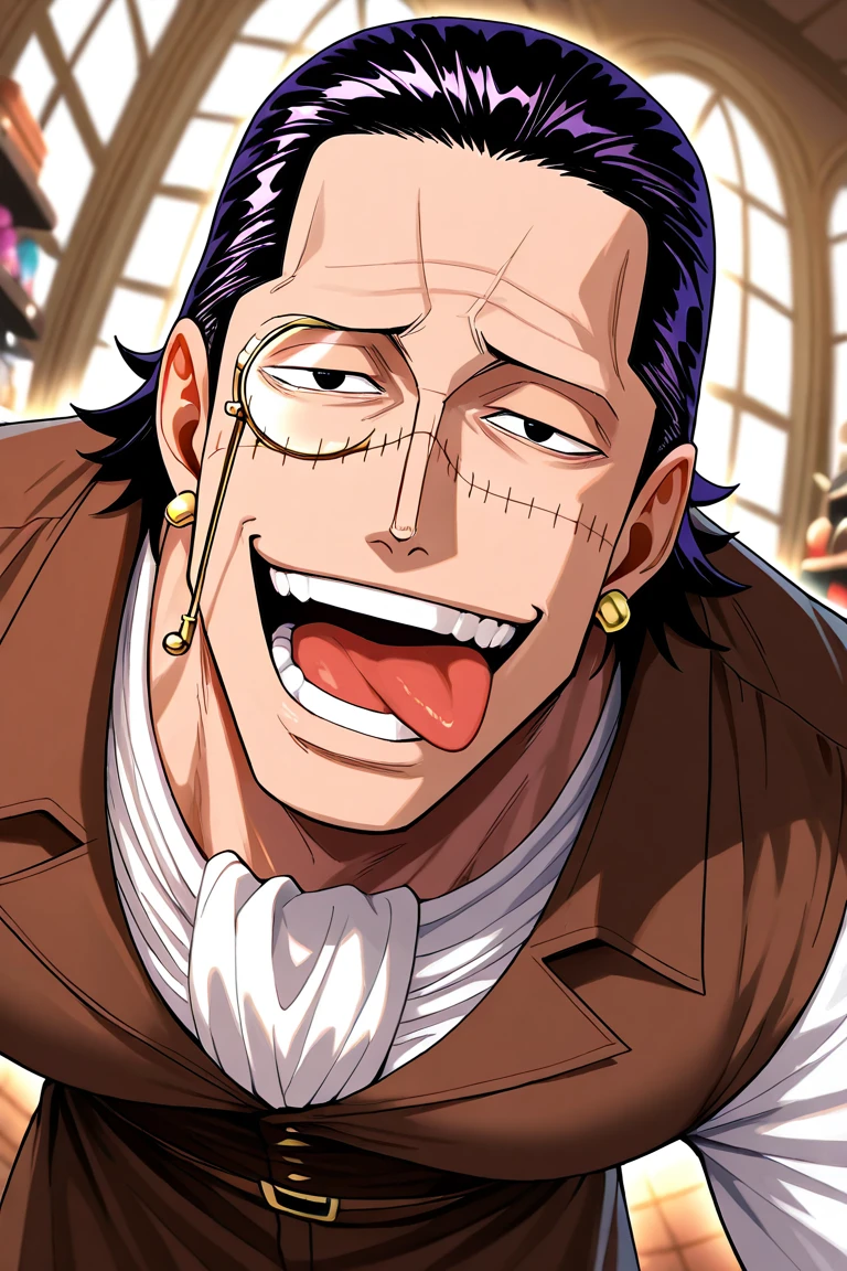 crocodile (one piece)-1male focus, black-purple_crocodile (one piece)_hair, black eyes, black_crocodile (one piece)_scar across face, manly, looking at viewer, expressive manly naughty face, open mouth, tongue,
posing, leaning towards viewer, holdingn magnifying glass,
brown waist coat, long-sleeved shirt, monocle, alternate costume,
close-up, blurry background, interior, jewelry shop, window,
dynamic angle, dynamic action, cinematic, symbolic, surreal, atmospheric perspective, masterpiece, best quality, amazing quality, very aesthetic, absurdres, newest, very awa