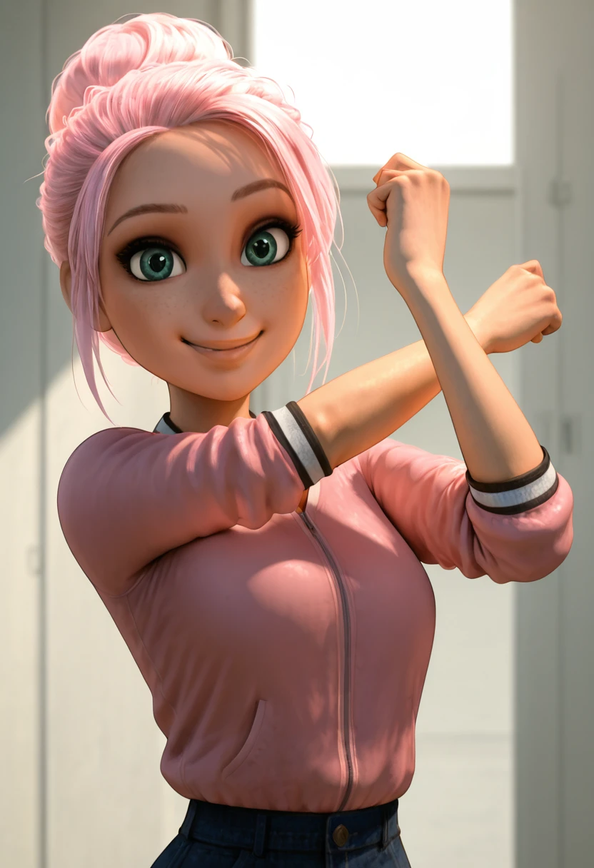 masterpiece, best quality, solo, curvy, beautiful eyes, narrow waist, wide hips, 1girl, solo, smile, looking at viewer, foreshortening, close up, zzBrooklynn, green eyes, hair bun, pink hair, short hair, single hair bun, ,<lora:BrooklynnJurassicPark_IXL:1.0>, arms up, stretching, upper body, smile, looking at viewer,