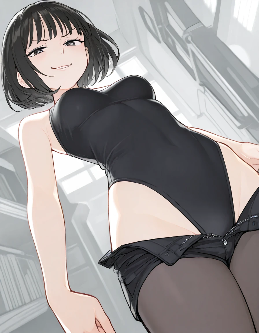 1girl, medium breasts, short hair, smug, highleg leotard, intrincated clothed details, dutch angle, perspective,
,<lora:senke_kagero_style_pony6_v1_t1:1>