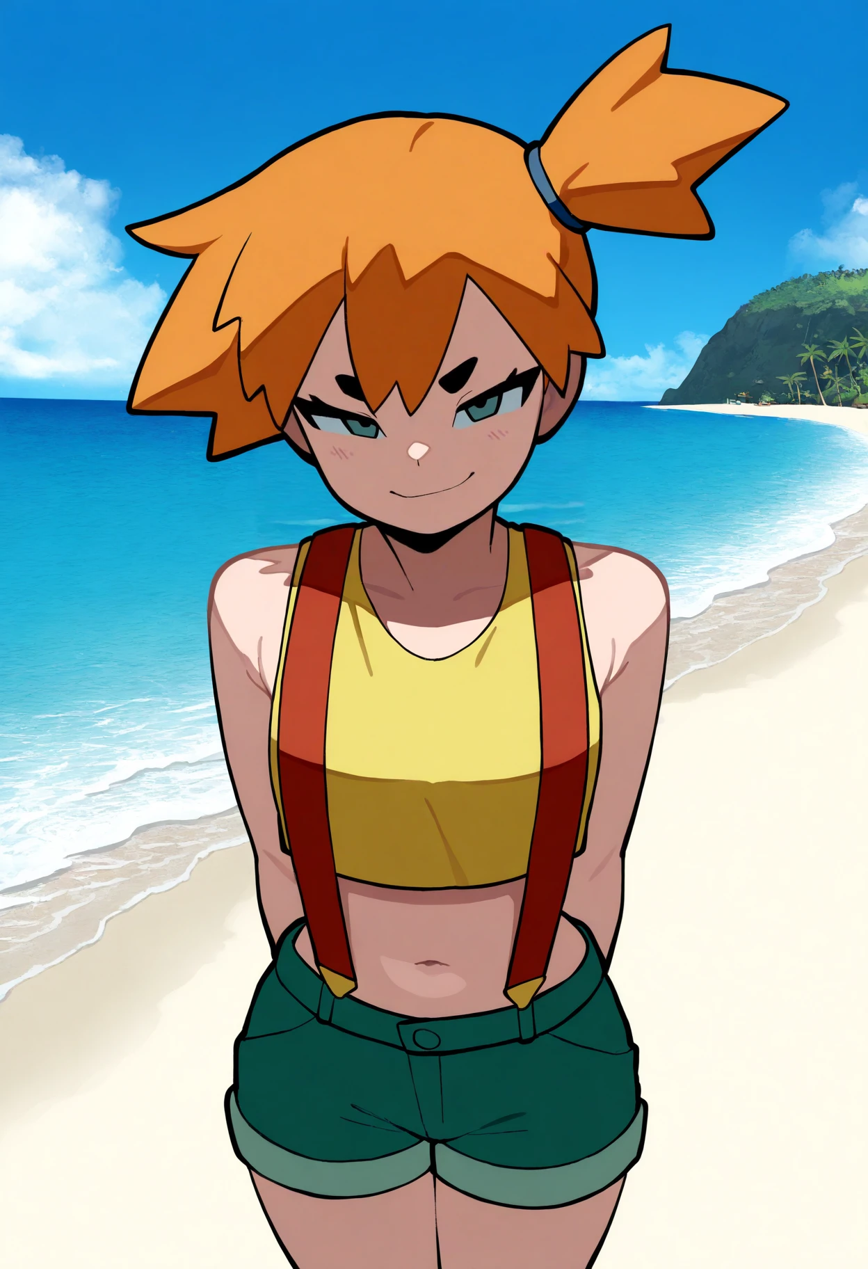 best quality, amazing quality, very aesthetic, absurdres,
1girl, misty \(pokemon\), orange hair, side ponytail, yellow crop top, short shorts, suspenders, looking at viewer, smirk, standing,
sand, sea, blue sky, tropical island background  <lora:RyuwanshoyNoob_byKonan:1>