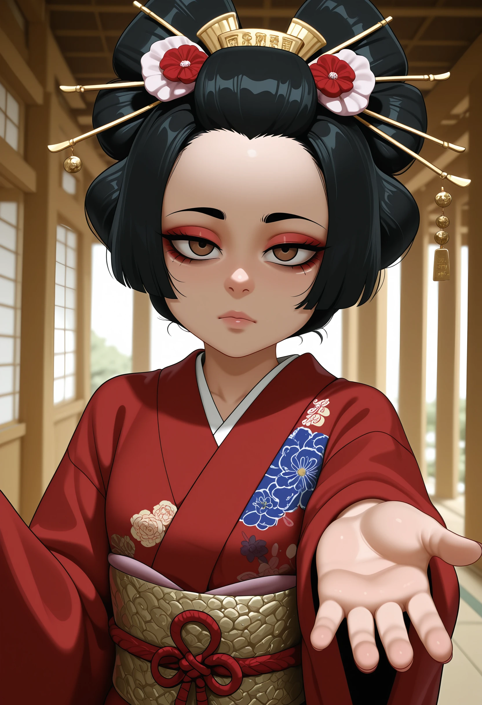 masterpiece, best quality, amazing quality, very aesthetic, absurdres, newest, <lora:FCute3ILf:1> fcs3ilf, 1girl, geisha, black hair, brown eyes, upper body, looking at viewer, reaching towards viewer,
japanese temple,