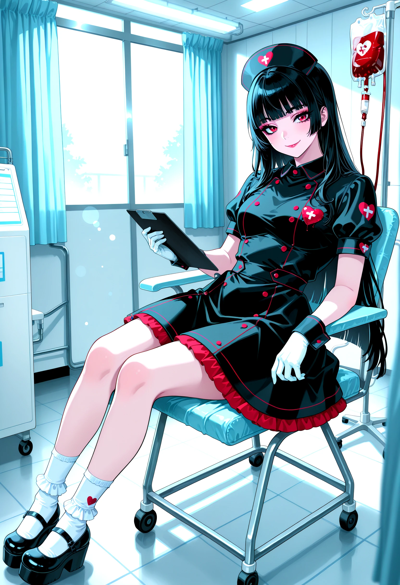nsn-illu, p4rsley-f_illu, skintight, smile, portrait, black dress, hime cut, very long hair, blunt bangs, dark makeup, collared_dress, nurse uniform, red eyes, long eyelashes, lipgloss, makeup, hair bow, white gloves, heart-shaped_bag, nurse cap, puffy_short_sleeves, nurse, medium dress, wrist cuffs, thigh socks, frilly socks, black mary janes, platform footwear, blood donation clinic, hospital interior, medical room, blood donor chair, reclining chair, iv bag, blood bag, tubing, medical equipment, clean room, bright lighting, fluorescent lighting, tiled floor, white walls, antiseptic environment, clipboard, donation station, waiting area, curtain divider, medical posters
masterpiece, very aesthetic, cinematic lighting, 8k, bokeh, blurry foreground, vignetting, amazing quality, newest, ultra-detailed, depth of field, blurry_background, amazing background