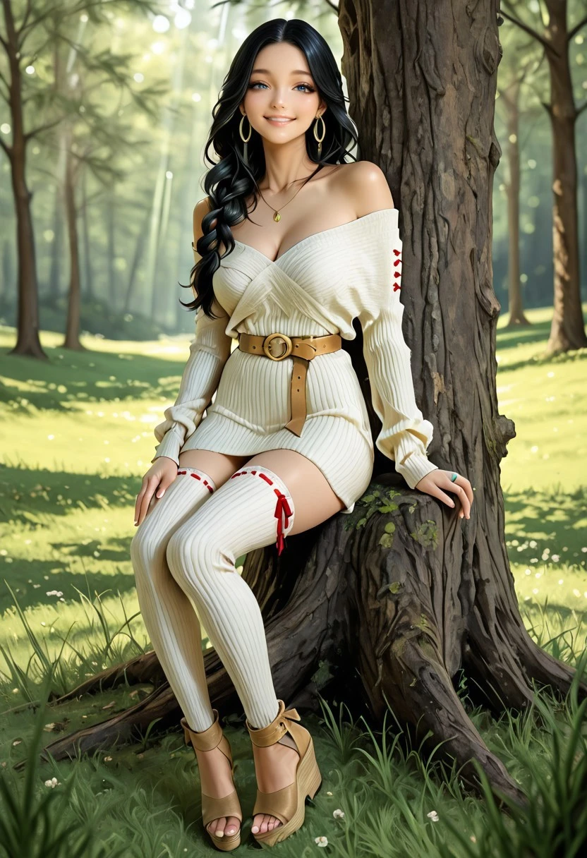 masterpiece, newest,absurdres,incredibly absurdres, best quality, amazing quality, very aesthetic, casual, volumetric lighting,
1girl, sitting under tree, confident_expression, elegant_makeup, glossy_lips, blue_eyes, hoop_earrings, voluminous_hair, looking at viewer, smile,Knit Mini Dress, long sleeves, ribbed texture, short hem, Off_shoulder, pale yellow_dress, ring_belt,  happy, grass, black hair, long hair, ribbon braid,  ribbon-trimmed thighhighs, wedge heels, silver armlet, (blurry edges:1.4), light rays, 
 