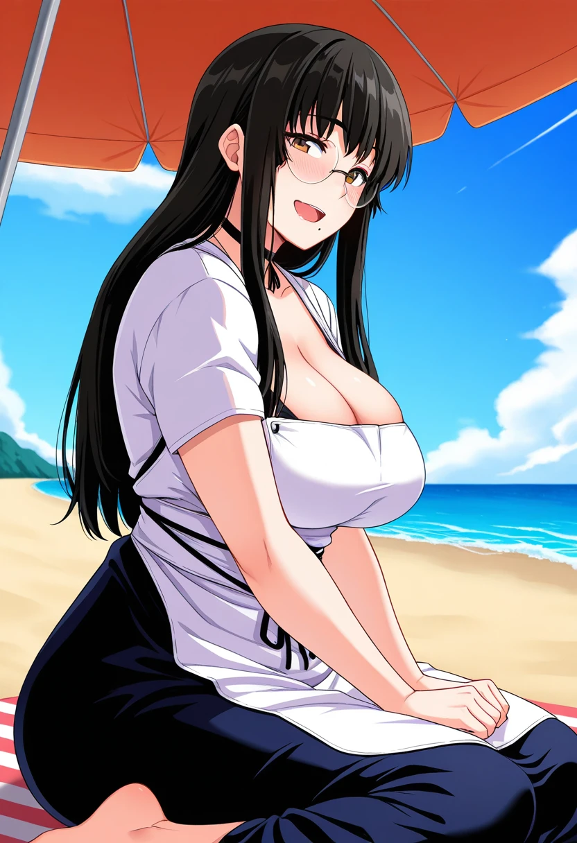 3 Girls，seaside，Long hair，Huge breasts，obesity