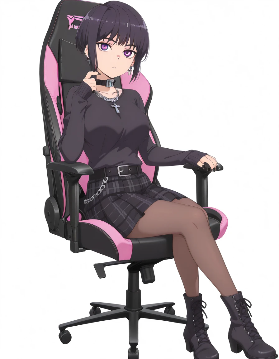 masterpiece, best quality, amazing quality,, <lora:hana-sunomiya-s2-illustriousxl-lora-nochekaiser:1>, hana sunomiya, short hair, bangs, black hair, purple eyes, pixie cut, mature female, breasts, anime screencap, <lora:emo-fashion-illustriousxl-lora-nochekaiser:1>, emo fashion, belt, belt collar, black belt, black nails, black skirt, black sweater, chain, chain necklace, collar, cross, cross necklace, emo fashion, jewelry, lock, necklace, o-ring, padlock, piercing, plaid clothes, plaid skirt, skirt, sleeves past wrists, sweater, <lora:secretlab-chair-illustriousxl-lora-nochekaiser:1>, secretlab chair, chair, office chair, gaming chair, sitting, full body, elbow rest, , <lora:transparent-background-illustriousxl-lora-nochekaiser:1>, transparent background, simple background, white background