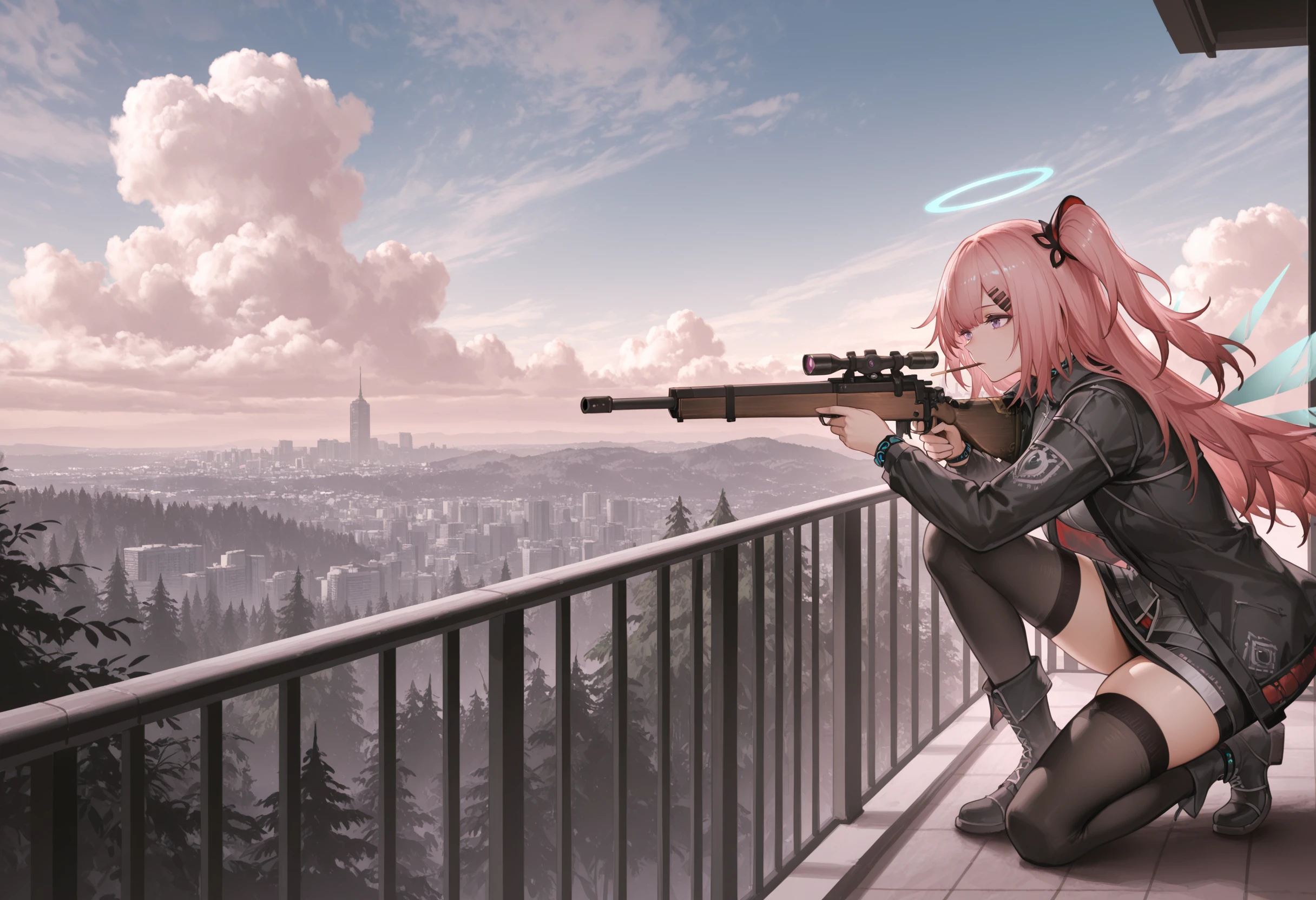 masterpiece,best quality,amazing quality, ambriel \(arknights\), purple eyes, pink hair, one side up,halo, hair hair ornament, hairclip, gray shirt, official costume, gray shirt, black jacket, open jacket, thighhighs, black lace-up boots, skirt, infection monitor, detached wings, transparent wings, pocky in mouth, on one knee, aiming, right-side, wide shot, (sniper rifle:1.1), roof, sky, blue sky, clouds, forest, cityscape, railing, landscape
<lora:Ambriel (Illustrious) v1:1>  <lora:Right side (Illustrious) v1:0.8>
