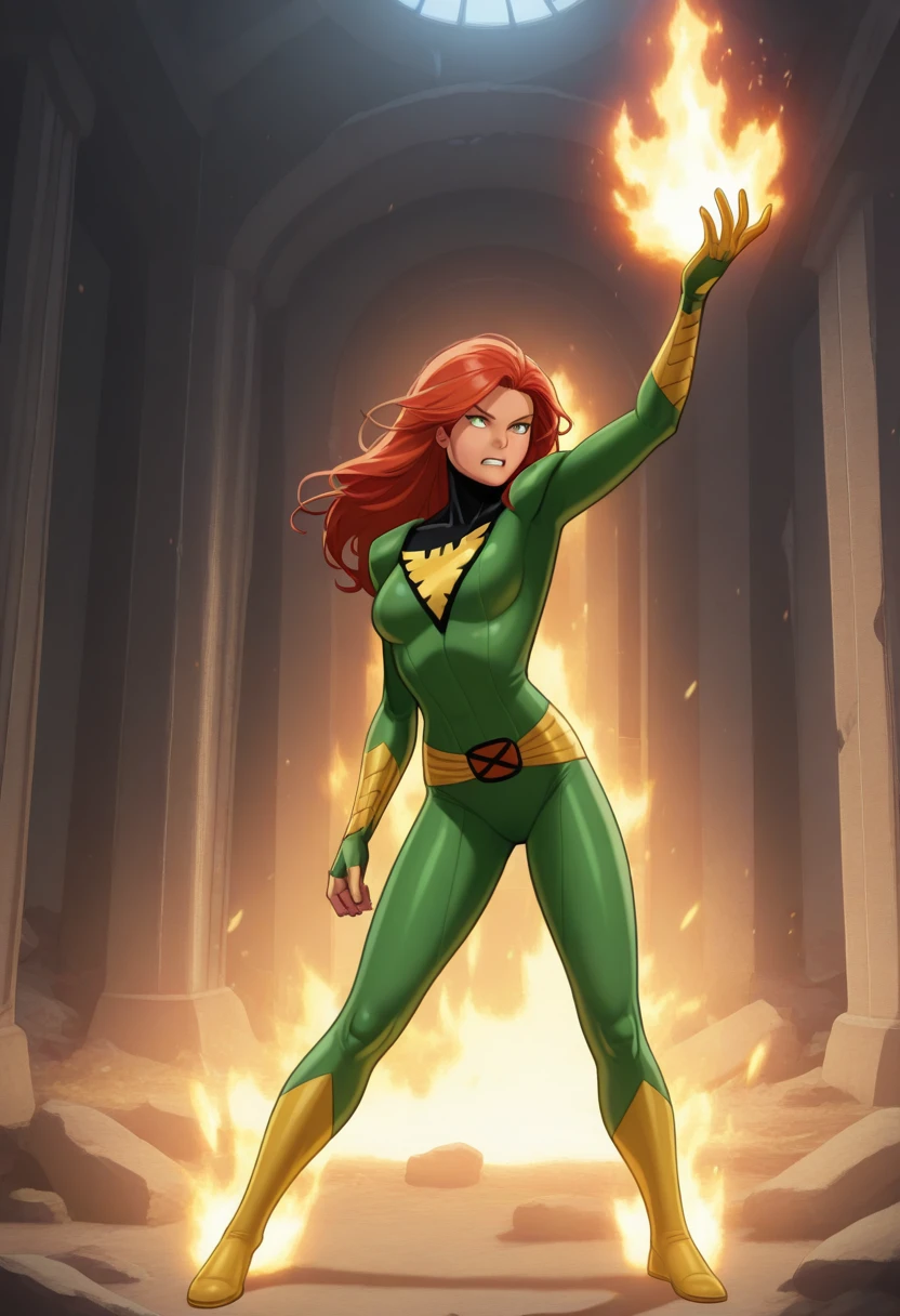 orochinagi, arm up, pyrokinesis, fire in hand, legs apart, open hand, 1girl, solo, end_jngr3y, long hair, red hair, bodysuit, superhero, green eyes, serious, teeth, indoors, ruins,