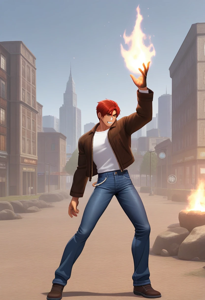 orochinagi, arm up, pyrokinesis, fire in hand, legs apart, open hand, 1boy, red hair, brown jacket, white shirt, denim pants, shoes, teeth, full body, outdoors, city,