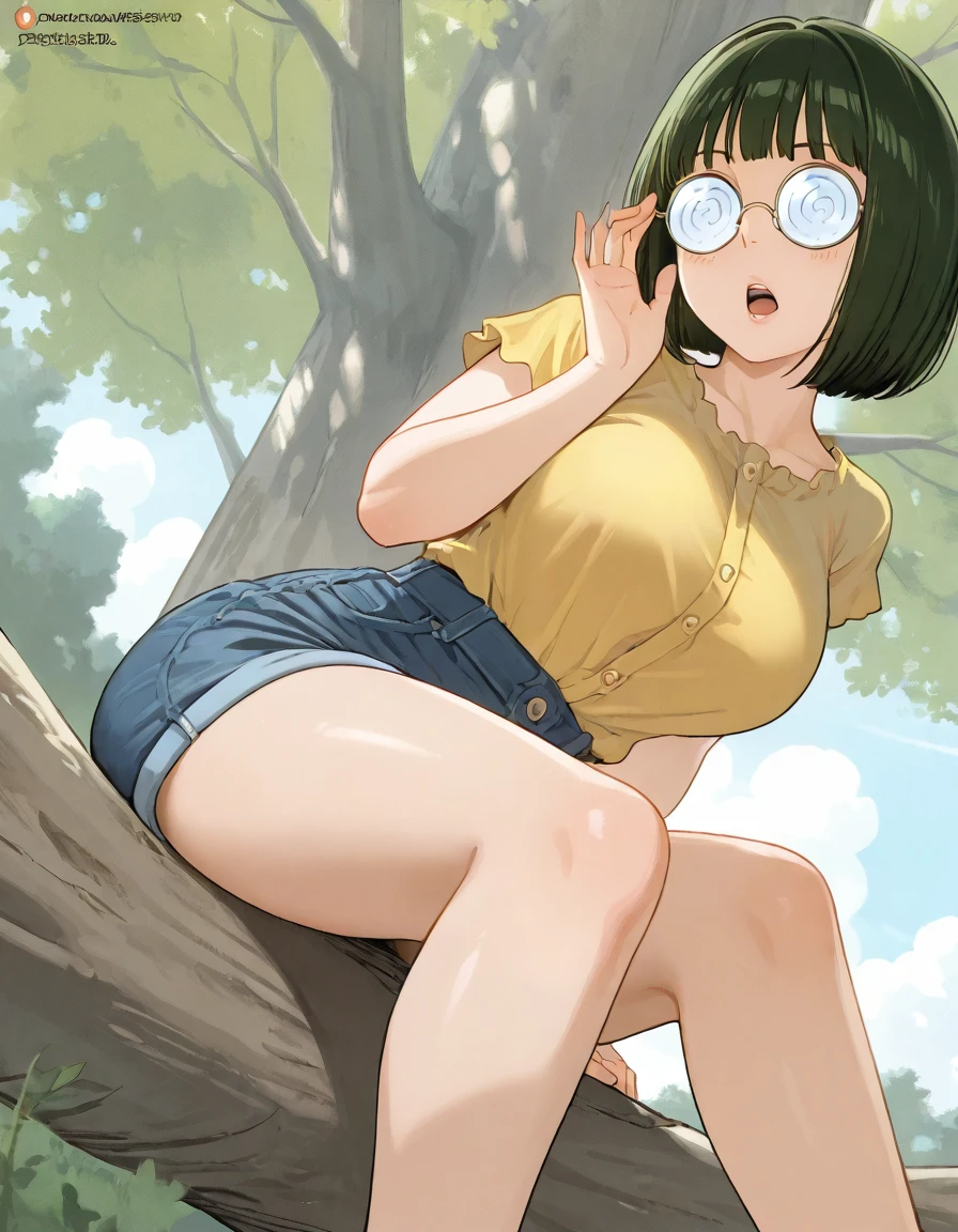 1girl, bob cut, round eyewear, sitting under a tree, coke-bottle glasses, open mouth,
,<lora:senke_kagero_style_pony6_v1_t1:1>