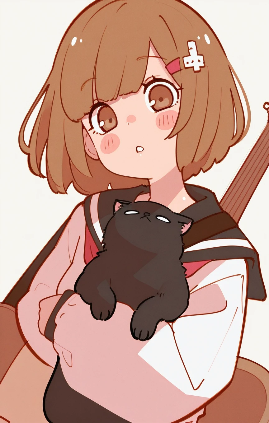 sexy_perspective, (masterpiece), (best quality), (ultra-detailed), amazing quality, very aesthetic, perfect composition, intricate details, absurdres, incredibly absurdres, shiny skin, realistic, shiny hair, clear skin, ultra-detailed-eyes, simple background, cute, eyelashes, greatscore, pretty, extreme perspective, dynamic angle, dynamic pose, HaruHime_ST, sketch, 1girl,,solo,,looking at viewer,,blush,,short hair,,bangs,,brown hair,,shirt,,hair ornament,,long sleeves,,holding,,animal ears,,brown eyes,,white shirt,,upper body,,parted lips,,medium hair,,sailor collar,,cat,,instrument,,black sailor collar,,guitar,,no nose,,black cat,,holding instrument