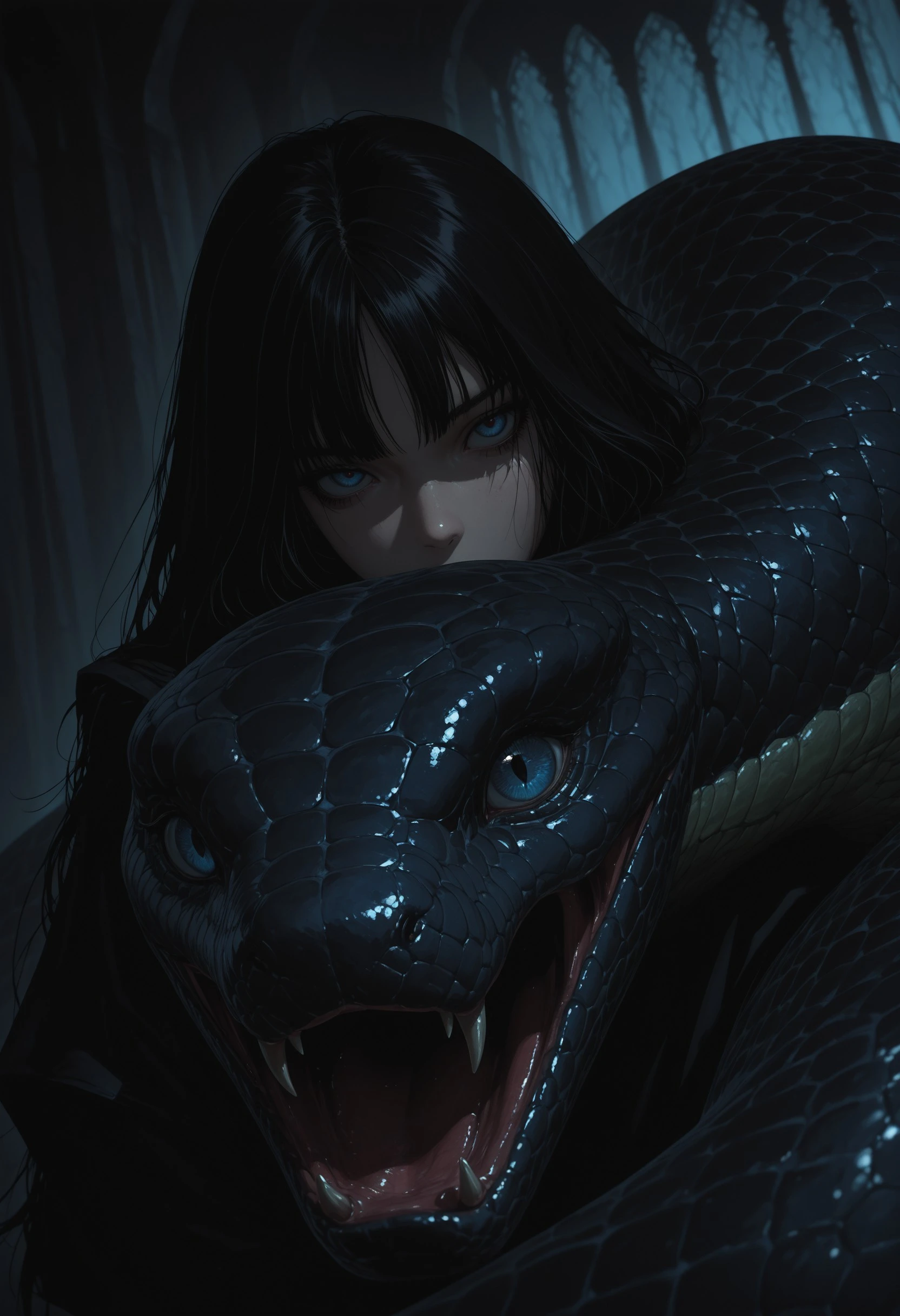 cryos2, 1girl, blue eyes, black hair, looking at viewer, animal, oversized animal, snake, solo, bangs, long hair, covered mouth, dark, dynamic dutch angle, dramatic lighting, masterpiece, best quality, incredibly absurdres, amazing quality, very aesthetic, 4k, official art, latest, , <lora:99049ffc-f5ee-4292-8fba-783ed7518c43:0.9>