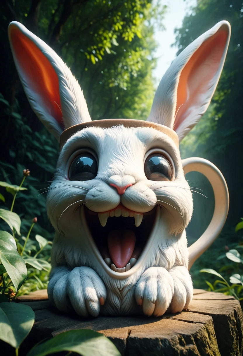 A bunny as a mug in mobe-ancofmu style, from below angle, in a natur background, masterpiece, absurdres, dynamic angle, highly detailed, <lora:AnthropomorphicCoffeeMugV1:0.95>,