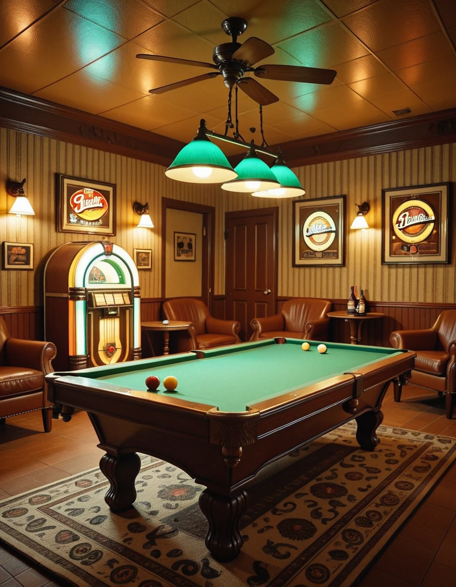 Interior of a vintage 1970s pool room with no people present, wood-paneled walls and shag carpet in earthy tones, overhead pendant lights with green glass shades casting a warm glow over a classic felt-covered pool table, retro wallpaper with geometric patterns, a jukebox in the corner flashing colorful lights, ashtrays on side tables beside leather armchairs, cues neatly arranged on a wooden rack, ceiling fan slowly turning above, and vintage beer advertisements framed on the wallsâeverything evokes a nostalgic, slightly smoky atmosphere frozen in time, rich with the charm and character of a bygone era,1970s pool r00m, <lora:1970s_pool_r00m-i:1>, Masterpiece,best quality,hi res,8k,hi res,8k,award winning,(sharp focus, intricate, highly detailed),