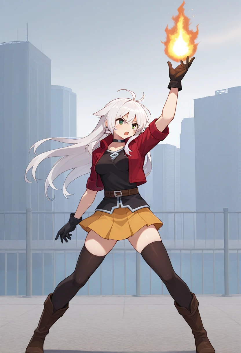 orochinagi, arm up, pyrokinesis, fire in hand, legs apart, open hand, 1girl, solo, anceriseshirokami, ancermainoutfit, white hair, long hair, ahoge, hair flaps, sidelocks, hair ornament, green eyes, black choker, red jacket, black shirt, medium breasts, belt, skirt, thighhighs, black gloves, brown boots, full body, city, open mouth, serious