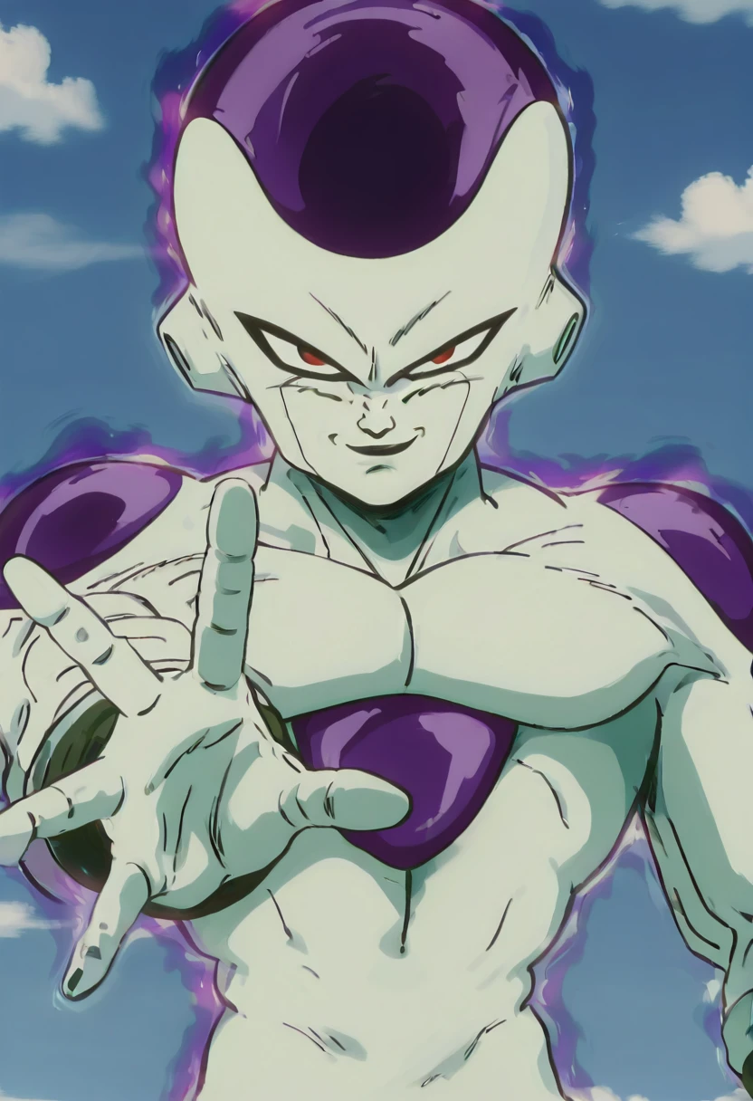 masterpiece, highest quality, 1 boy, Frieza, whole body, male focus, red eyes, alone, tail, software,, sit on the grass, blue sky, Sunny, beautiful. two legs, upper arm, and one tail.