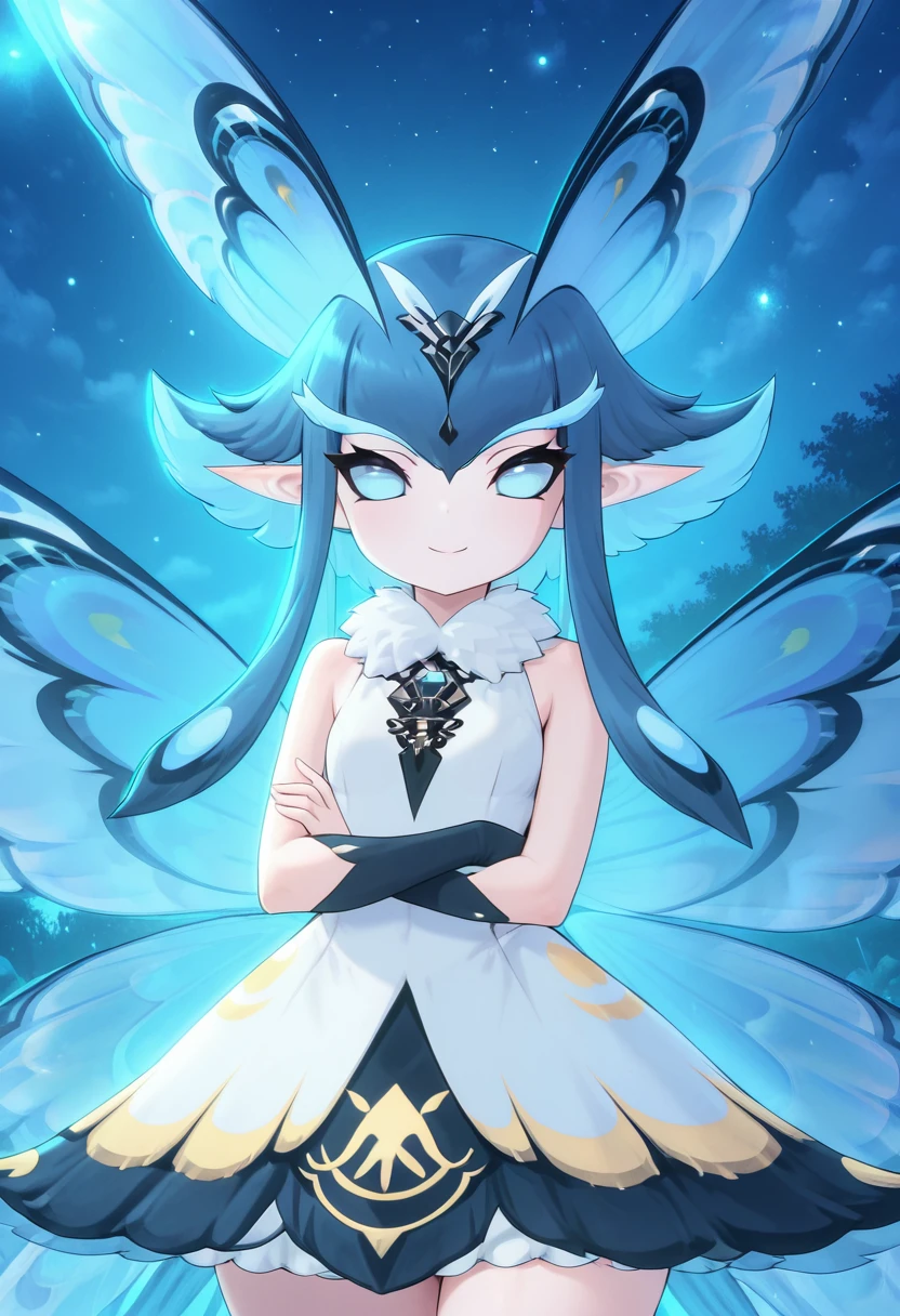 masterpiece, best quality, solo, curvy, beautiful eyes, narrow waist, wide hips, 1girl, solo, smile, looking at viewer, foreshortening, close up, zzPhantomfly, looking at viewer, smile, fur collar, dress, wings, night, butterfly wings, gradient background, glow, stars, ,<lora:Phantomfly_AzurProm_IXL:1.0>, arms crossed, head tilted, cowboy shot, confident look, looking at viewer,