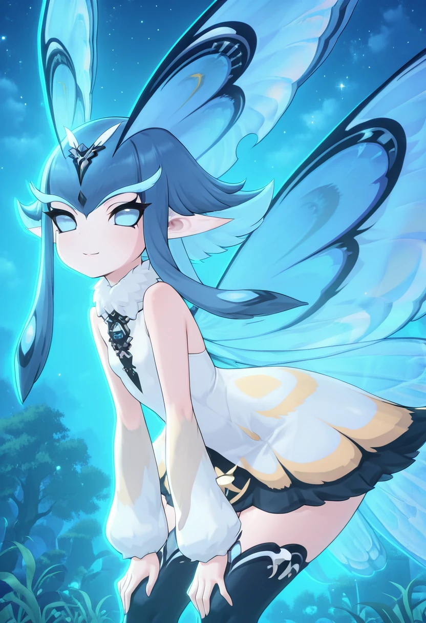 masterpiece, best quality, solo, curvy, beautiful eyes, narrow waist, wide hips, 1girl, solo, smile, looking at viewer, foreshortening, close up, zzPhantomfly, looking at viewer, smile, fur collar, dress, wings, night, butterfly wings, gradient background, glow, stars, ,<lora:Phantomfly_AzurProm_IXL:1.0>, bent over, hands on knees, side view, flirty smile, cowboy shot, looking at viewer,