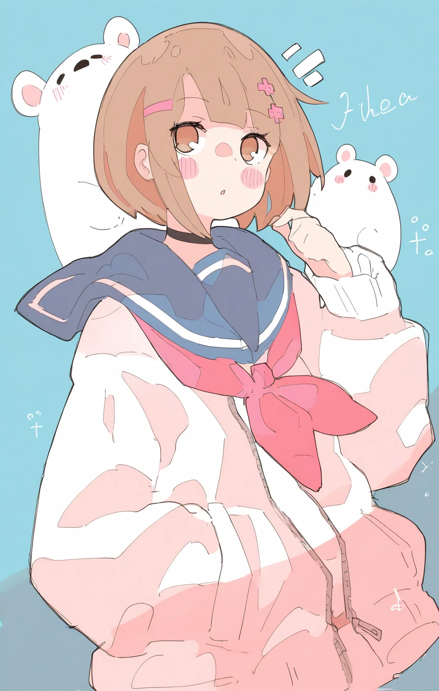 sexy_perspective, (masterpiece), (best quality), (ultra-detailed), amazing quality, very aesthetic, illustration, perfect composition, intricate details, absurdres, incredibly absurdres, shiny skin, realistic, shiny hair, clear skin, ultra-detailed-eyes, simple background, cute, eyelashes, greatscore, pretty, extreme perspective, dynamic angle, dynamic pose, HaruHime_ST, sketch, 1girl,,solo,,blush,,bangs,,brown hair,,shirt,,hair ornament,,long sleeves,,brown eyes,,jacket,,white shirt,,upper body,,hairclip,,sailor collar,,neckerchief,,blush stickers,,blue sailor collar,,red neckerchief,,hand in pocket,,bear,,pink neckerchief,,polar bear