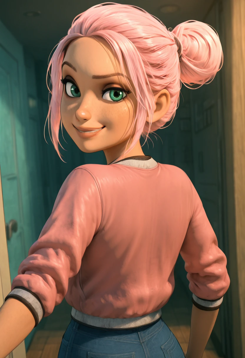 masterpiece, best quality, solo, curvy, beautiful eyes, narrow waist, wide hips, 1girl, solo, smile, looking at viewer, foreshortening, close up, zzBrooklynn, green eyes, hair bun, pink hair, short hair, single hair bun, ,<lora:BrooklynnJurassicPark_IXL:1.0>, over the shoulder, cowboy shot, smirk, looking back, looking at viewer,