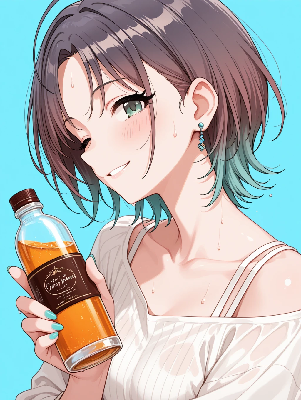asakura toru, idolmaster, 1girl, aqua hair, aqua nails, black hair, blue background, blush, bottle, brown hair, collarbone, drink, earrings, gradient hair, green eyes, holding, holding bottle, jewelry, looking at viewer, multicolored hair, nail polish, one eye closed, parted bangs, profile, short hair, smile, solo, sweat, masterpiece, best quality