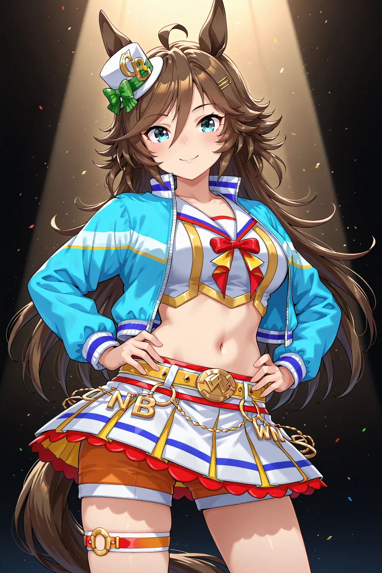 mr. c.b. \(umamusume\),large breasts,very long hair,ahoge,tail,aqua eyes,swept bangs,long hair,blue eyes,animal ears,horse tail,yellow eyes,bangs,horse ears,brown hair,black hair,horse girl,hair between eyes,green eyes,,
run&win,
official alternate costume,cheerleader,ponytail,long sleeves,crop top,white shirt,sailor collar,midriff,navel,blue jacket,open jacket,belt,layered skirt,pleated skirt,white skirt,miniskirt,thigh strap,shorts under skirt,short shorts,orange shorts,white socks,red footwear,sneakers,shoes,<lora:RUNWIN:0.8>,, 1girl,solo,smile,looking at viewer,cowboy shot,pose,spotlight,