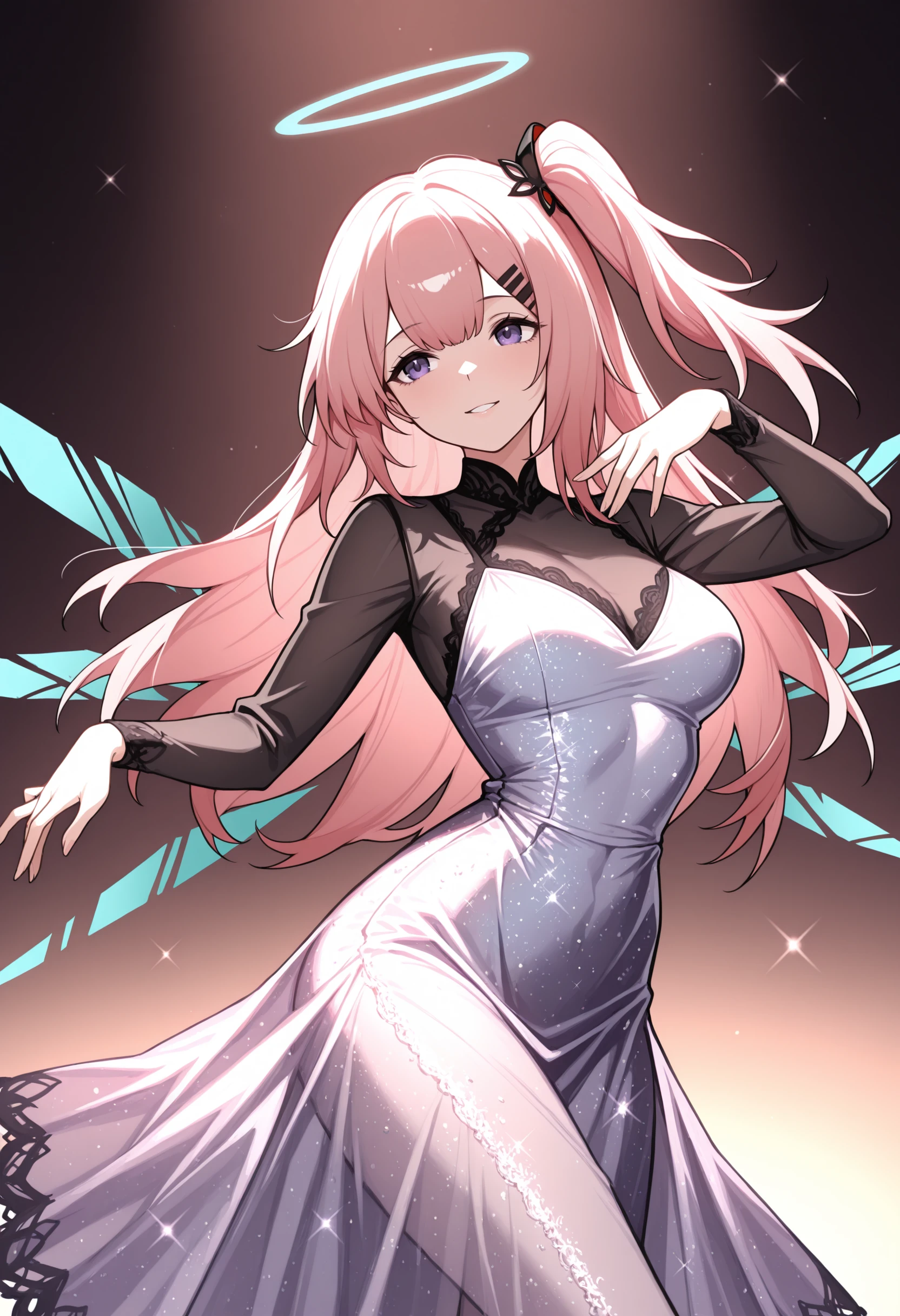masterpiece,best quality,amazing quality, ambriel \(arknights\), purple eyes, pink hair, one side up,halo, hair hair ornament, hairclip, alternate outfit, lace trim dress, long sleeves, glitter dress, smile, parted lips, dancing, detached wings, transparent wings,
<lora:Ambriel (Illustrious) v1:1>