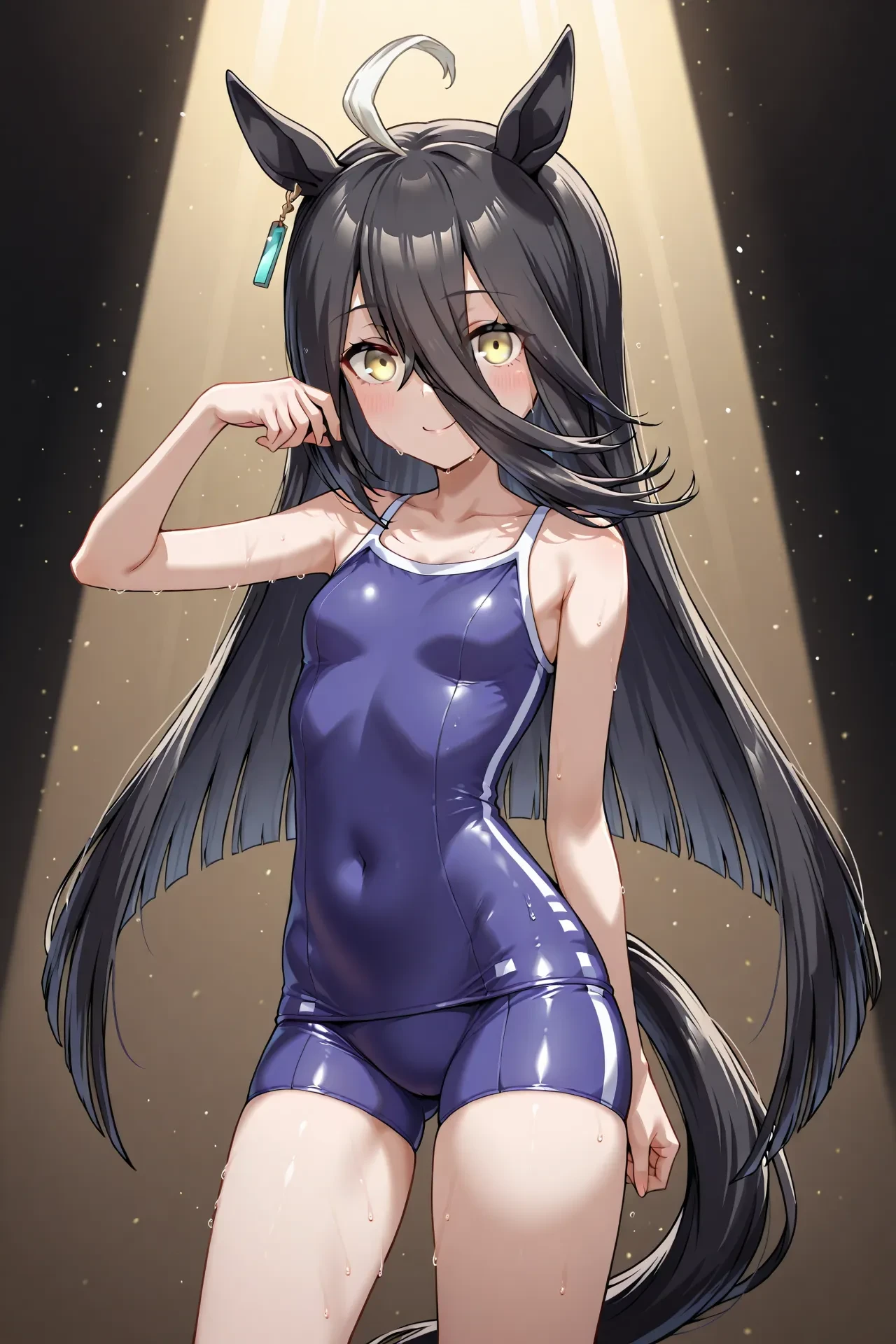 <lora:tracen_swimsuit:0.7>,tracen swimsuit,swimsuit,bare shoulders,sleeveless,
manhattan cafe \(umamusume\),small breasts,brown eyes,horse girl,yellow eyes,blue eyes,white hair,streaked hair,bangs,very long hair,horse ears,horse tail,animal ears,hair between eyes,black hair,multicolored hair,long hair,ahoge,long bangs,,, 1girl,solo,smile,looking at viewer,cowboy shot,pose,spotlight,