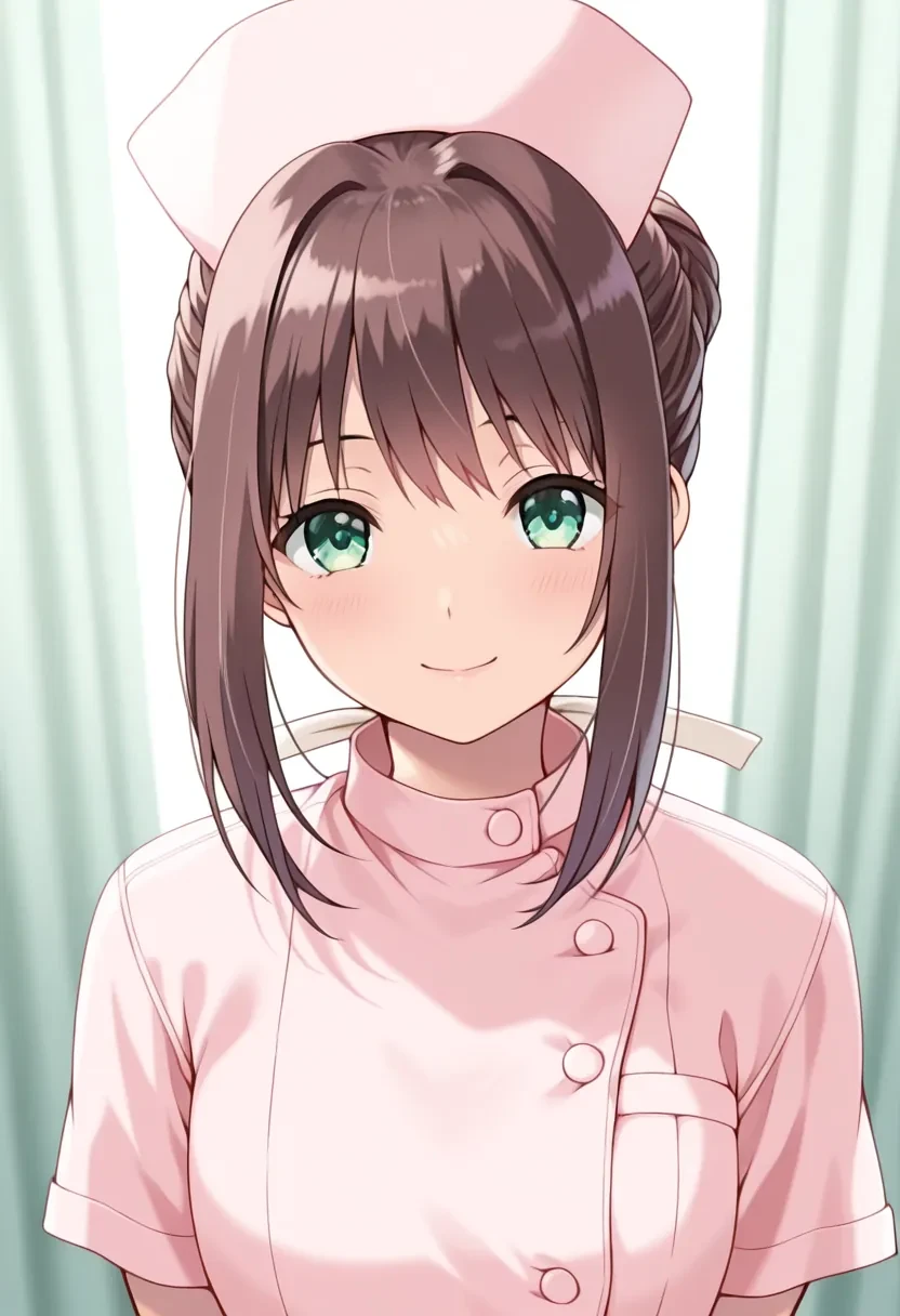 masterpiece,best quality,amazing quality,
1girl, solo,
Nanase Ren, long hair, brown hair, ponytail, hair bun, green eyes,
looking at viewer,
front view, portrait, smile,
nurse, nurse cap, hat, short sleeves, pink headwear, buttons, pink dress,