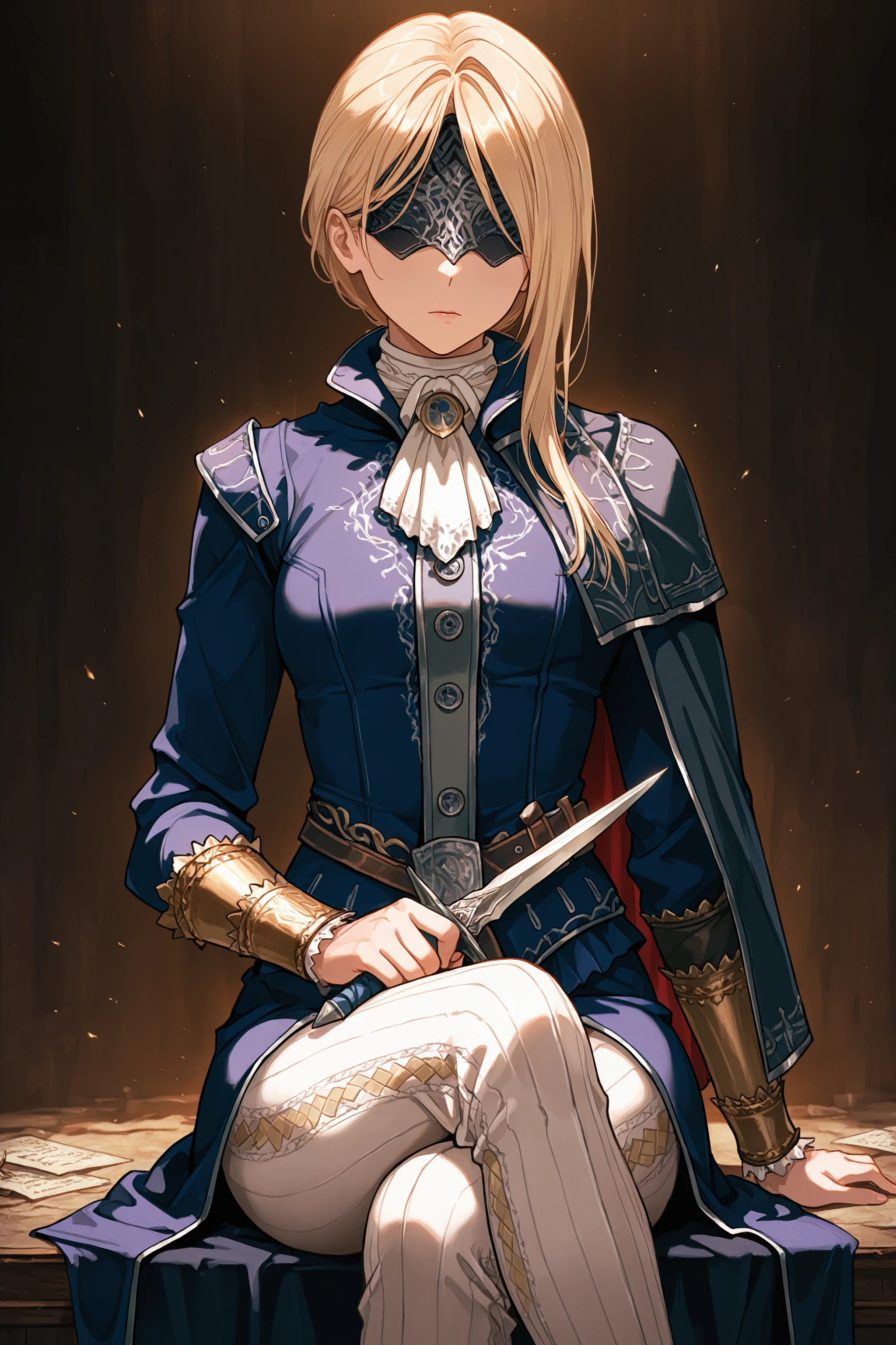 masterpiece, best quality, absurdres,
1girl, duchess, blonde hair, blindfold, capelet, white pants,
holding dagger,
sitting, crossed legs, straight-on, dark background,
<lora:elden_ring_nightreign_il_1_d16:1>