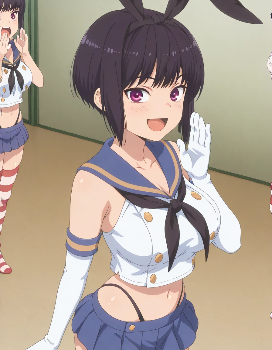masterpiece, best quality, amazing quality,, <lora:hana-sunomiya-s2-illustriousxl-lora-nochekaiser:1>, hana sunomiya, short hair, bangs, black hair, purple eyes, pixie cut, mature female, breasts, anime screencap, <lora:shimakaze-cosplay-illustriousxl-lora-nochekaiser:1>, shimakaze cosplay, shimakaze (cosplay), highleg panties, black neckerchief, microskirt, striped thighhighs, highleg, black panties, elbow gloves, thong, blue sailor collar, white  gloves, crop top, sailor collar, blue skirt, black hairband, bunny ears,, <lora:shouting-hand-to-own-mouth-illustriousxl-lora-nochekaiser:1>, shouting hand to own mouth, shouting, hand to own mouth, looking at viewer, smile, open mouth, blush,, ,