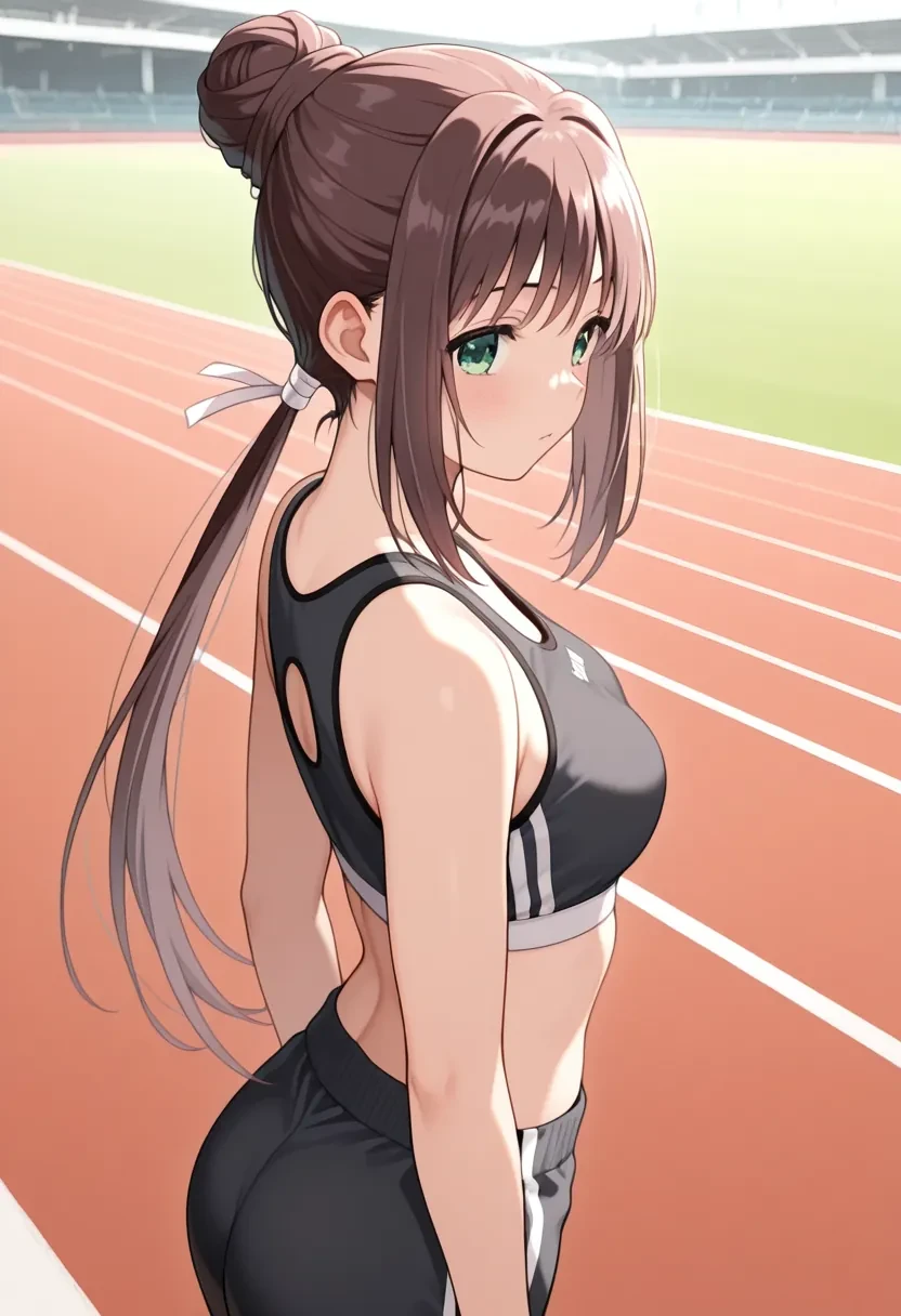 masterpiece,best quality,amazing quality,
1girl, solo,
Nanase Ren, long hair, brown hair, ponytail, hair bun, green eyes,
outside, sports bra, track field,