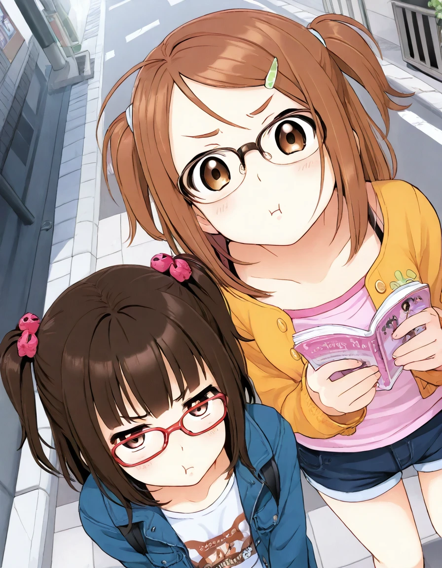 2girls, hairclip, two side up, glasses, street, from above, pout,
,<lora:senke_kagero_style_pony6_v1_t1:1>
