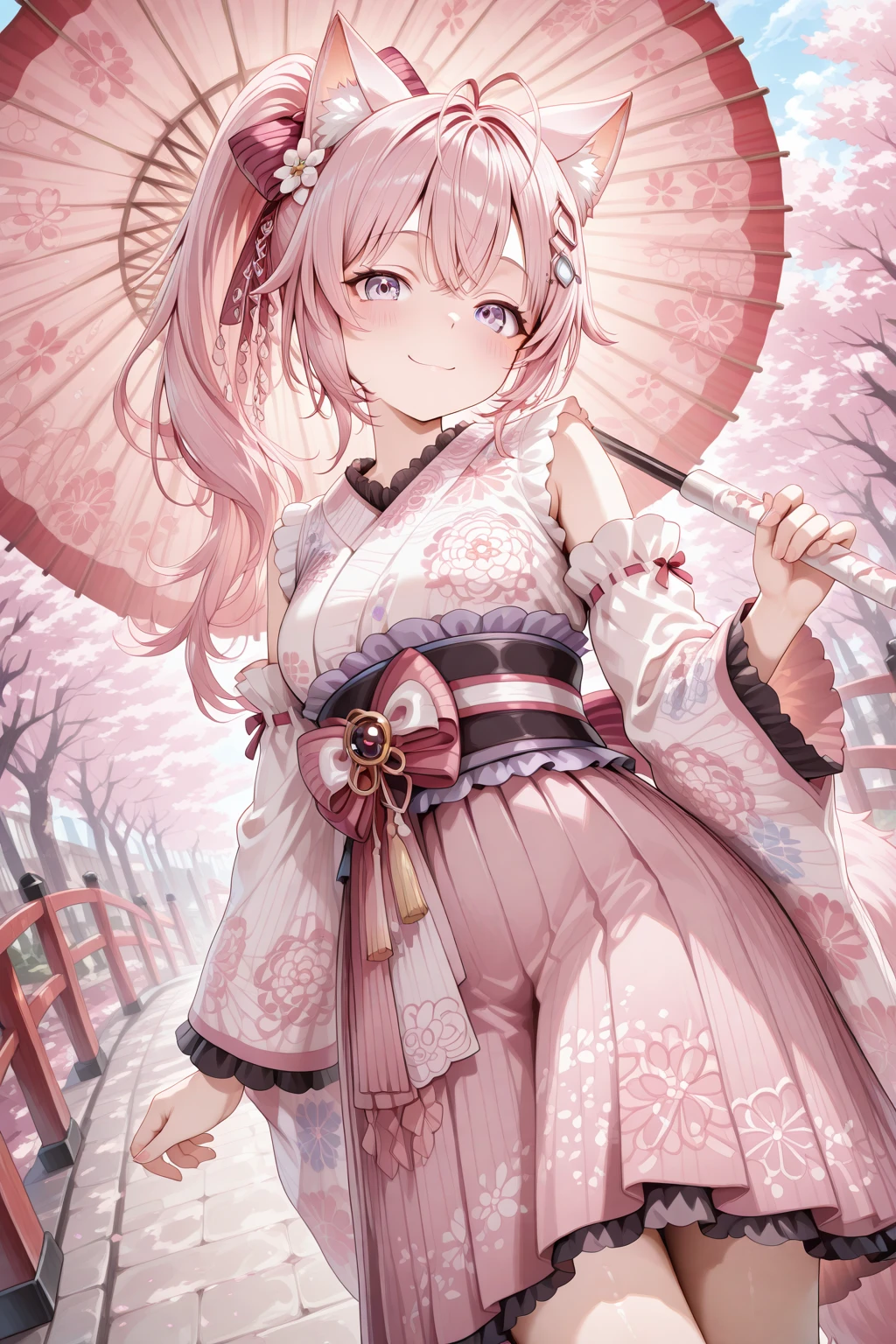 masterpiece, best quality, amazing quality, 1girl, solo, makeup, general, looking at viewer, blush, highres, upper body, dutch angle, outdoors, smile, cherry blossoms, bridge, holding oil-paper umbrella, <lora:Hololive_Koyorin:1>, Hololive_Koyorin, long hair, animal ears, pink hair, purple eyes, antenna hair, ahoge, hexagon hair ornament, hair between eyes, tail, breasts, pink nails, ponytail, white kimono, pink kimono, print kimono, sleeveless kimono, frilled kimono, pleated skirt, frilled skirt, pink skirt, long skirt, detached sleeves, wide sleeves, ribbon-trimmed sleeves, frilled sleeves, white socks, kneehighs, black footwear, zouri, obi, sash, waist bow, pink bow, hair bow, ribbon trim, flower, floral print, kanzashi, <lora:wai-2Rectified-V140:1>, <lora:illustrious_noobai_epsilon_pred_1_masterpieces_v1:1>
