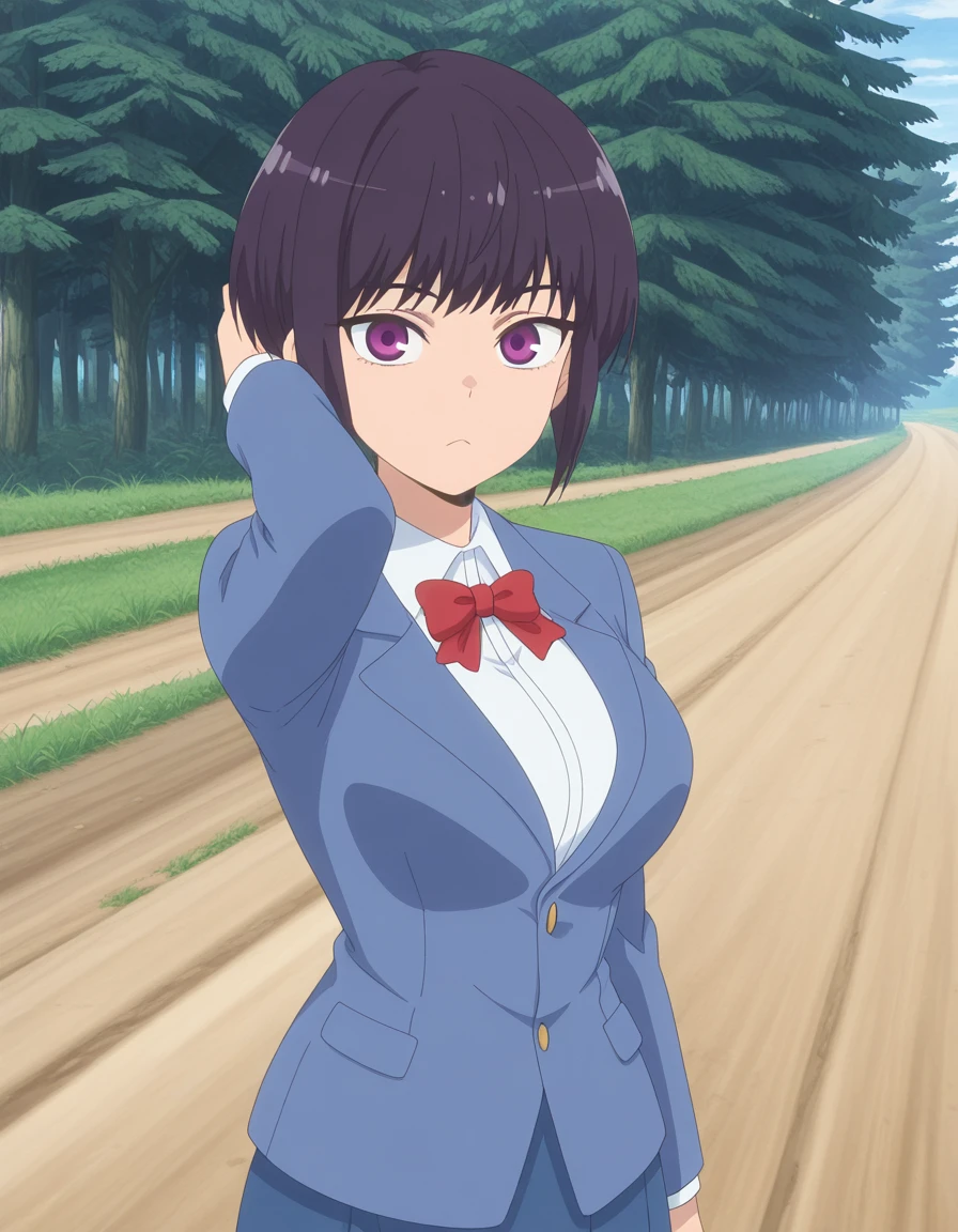 masterpiece, best quality, amazing quality,, <lora:hana-sunomiya-s2-illustriousxl-lora-nochekaiser:1>, hana sunomiya, short hair, bangs, black hair, purple eyes, pixie cut, mature female, breasts, anime screencap, shirt, bow, white shirt, collared shirt, bowtie, red bow, red bowtie, jacket, blazer, skirt, blue skirt,, hand behind head, , dirt road, rural, path, dust, nature, cowboy shot, solo, looking at viewer,