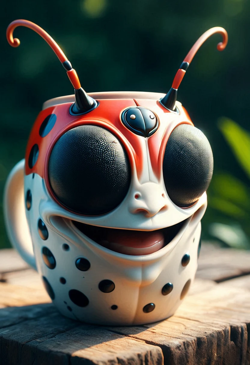 A ladybug as a mug in mobe-ancofmu style, smile expression, from side angle, in a natur background, masterpiece, absurdres, dynamic angle, highly detailed, <lora:AnthropomorphicCoffeeMugV1:1>,