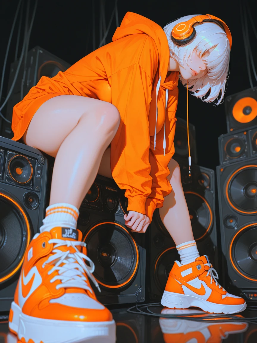 masterpiece, ultra-HD, impressionism, high detail, best quality, very aesthetic, 8k, best quality, sharp focus, depth of field,
hyper realistic, vibrant colors, film grain.
1woman, expressionless, (eyeless). hair over eyes, white hair, bob cut. large breasts, wide hip, thick thighs. wearing hoodie and socks and sneaker, headphones, (glowing shoes). sitting on huge speaker, spread legs, leaning forward. too many speakers full background, cord, background with different textures, dim, orange fashion photo theme. from side and below, sneaker focus, sneaker in blurry foreground, dynamic composition, dynamic angle.